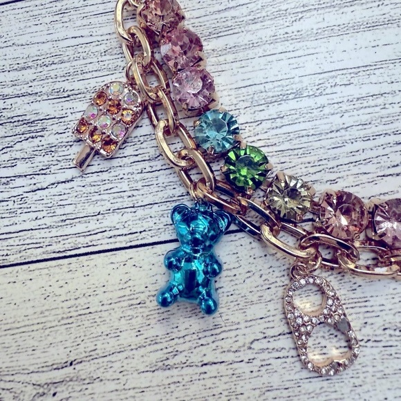 Betsey Johnson Gummy Bear Soda Smiley Face Arrow Rhinestone charm bracelet NEW - Picture 3 of 5